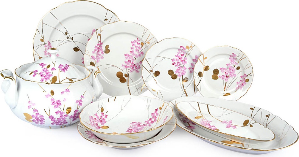 10634511 Дулевский фарфор Сервиз столовый 6/29 "Аппетитный" "Розовая ветка" (с вазой для супа) Фарфор 