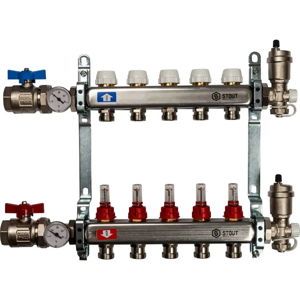 Коллекторная группа с расходомером Stout на 5 выходов 3/4"x3/4" нержавеющая сталь 84868379 STLM-2034261 