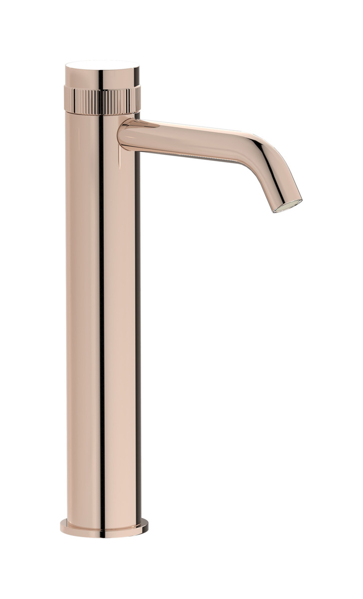 Высокий монорычажный прогрессивный смеситель на раковину в комплекте с донным клапаном. WE ARE IB rx202rs Rose Gold Reflex