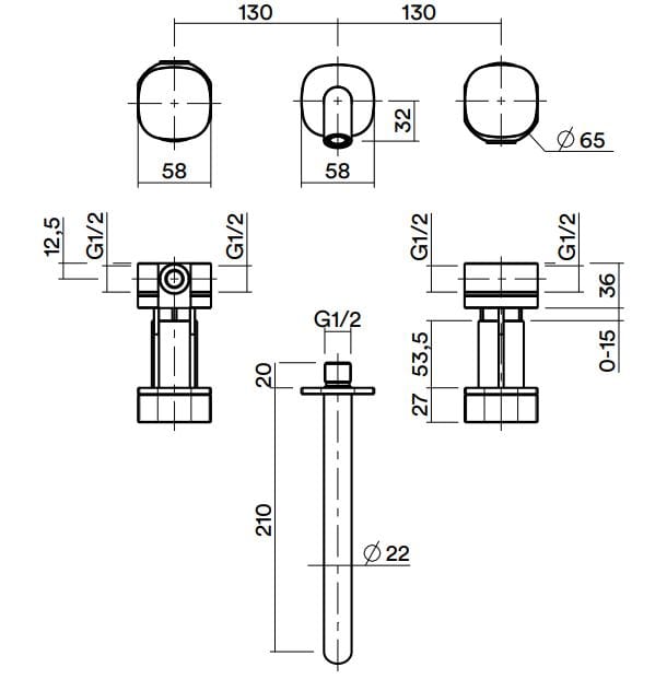 Смеситель для раковины из нержавеющей стали с 3 отверстиями Quadrodesign супер ARCH-00076762 - Вид №1