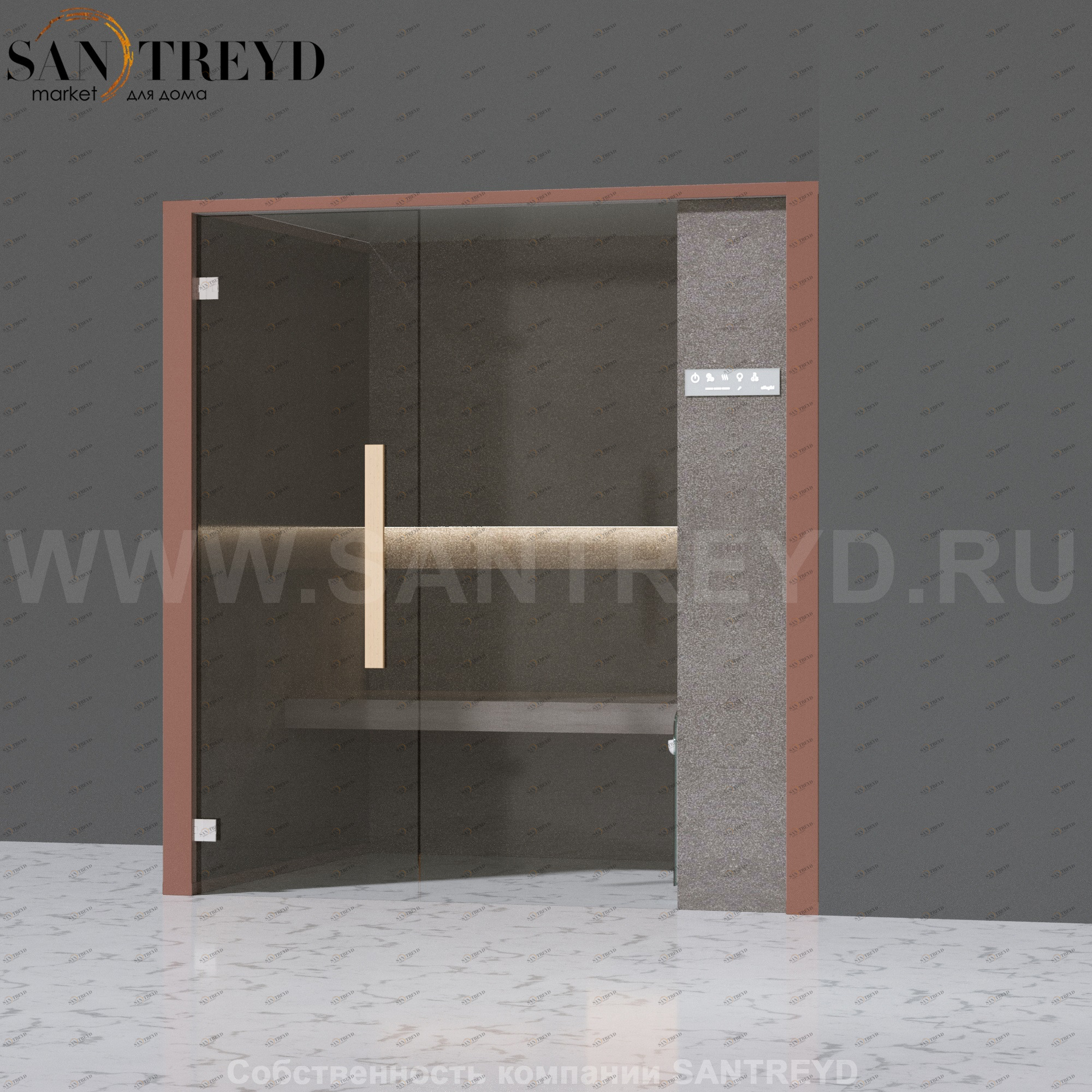 Effegibi ONEFILO H LO61030007 Хаммам. Установка: в правый угол. Правая дверь. Мощность: 4,5 кВт макс. Размеры: длина 214 см, ширина 171 см. Отделка: матовый лакированный коричневый аллюминий и темный ламинат из керамогранита.