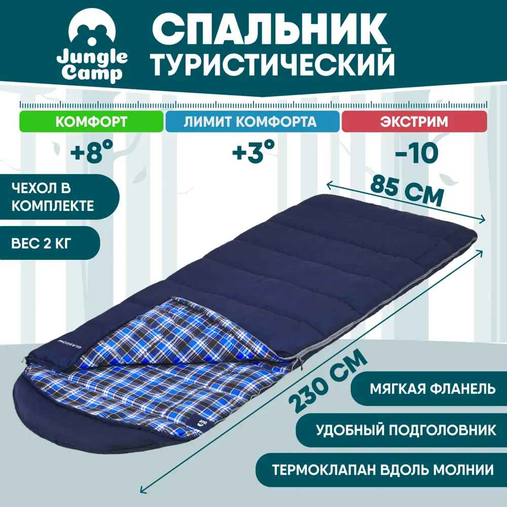 90270125 Спальный мешок зимний Jungle Camp Glasgow с фланелью левая молния цвет синий STLM-0159602