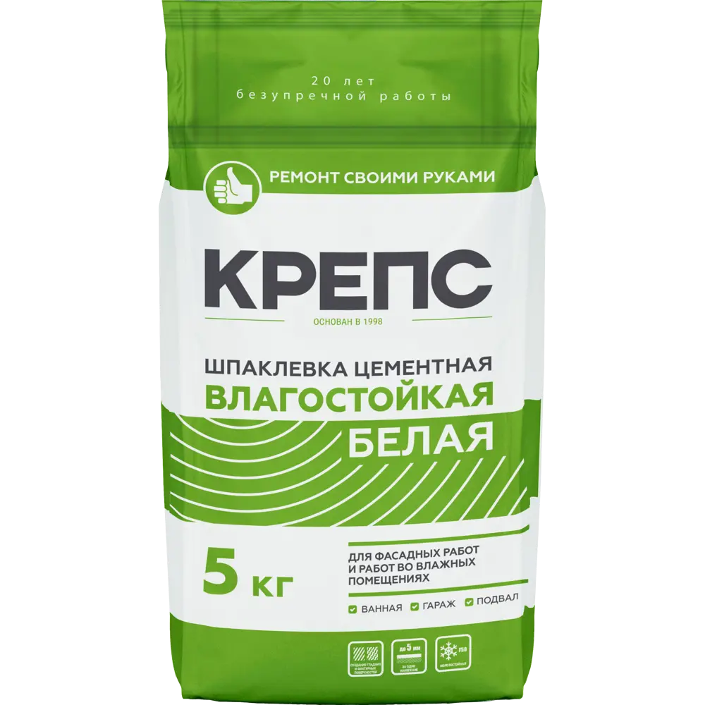 Шпаклёвка цементная влагостойкая Крепс 5 кг белая 82020640 STLM-2151388 Влагостойкая белая