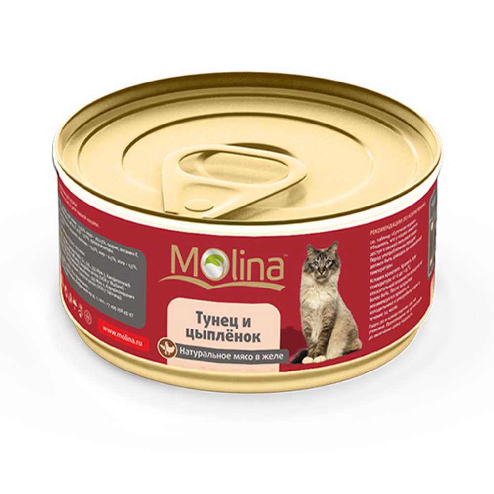 ПР0019428 Корм для кошек Тунец с цыпленком в желе банка 80г Molina 