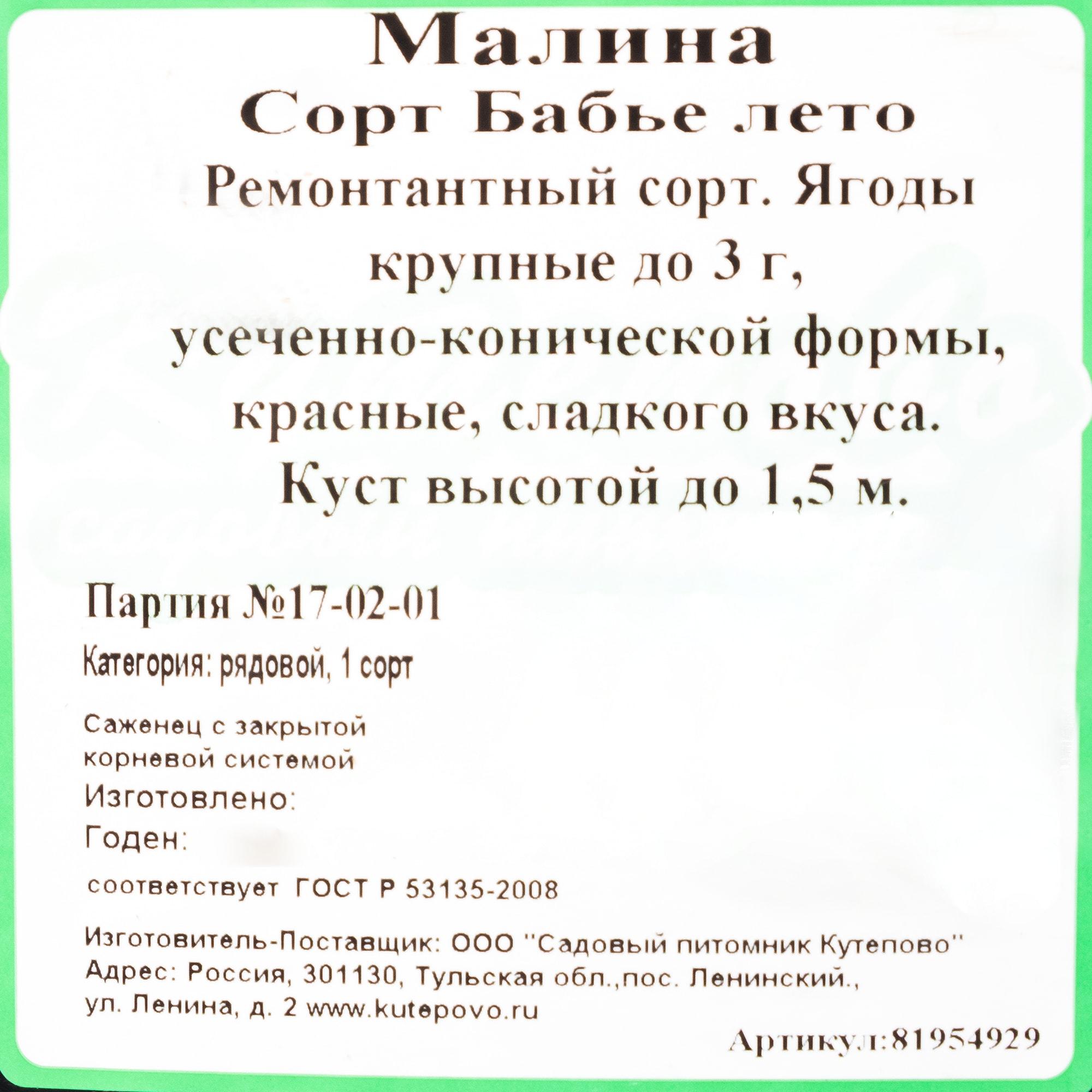 81954929 Малина С2 «Бабье лето» h40 Santreyd  - Вид №1