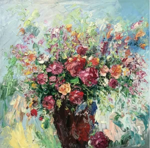 Картина на холсте 100х100 см "Цветы в горшке" EVENHOME КАРТИНЫ МАСЛОМ 129907 Бежевый;белый;зеленый