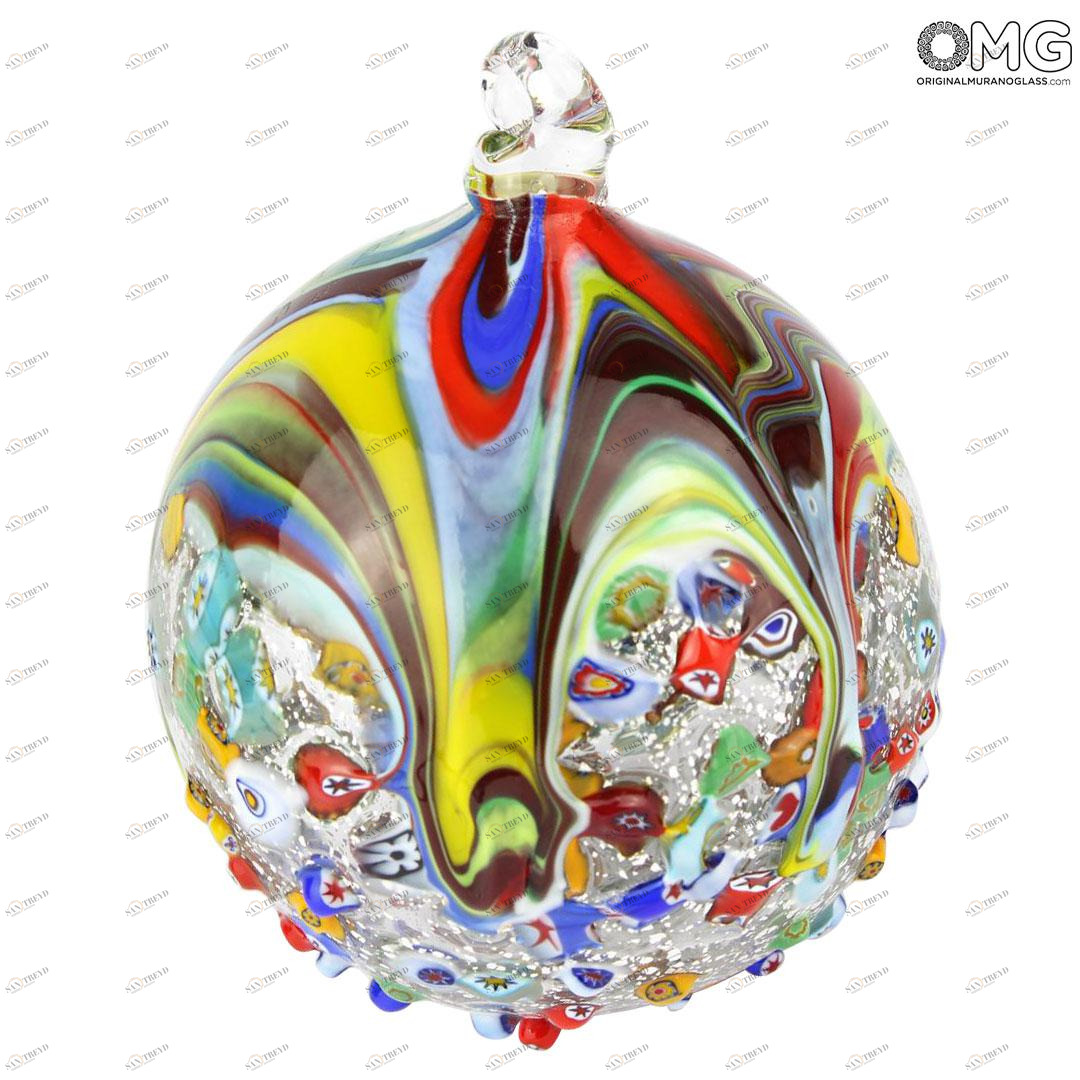 3285 ORIGINALMURANOGLASS Новогодний шар - серебро и миллефиори - MURANO GLASS XMAS 8 см 
