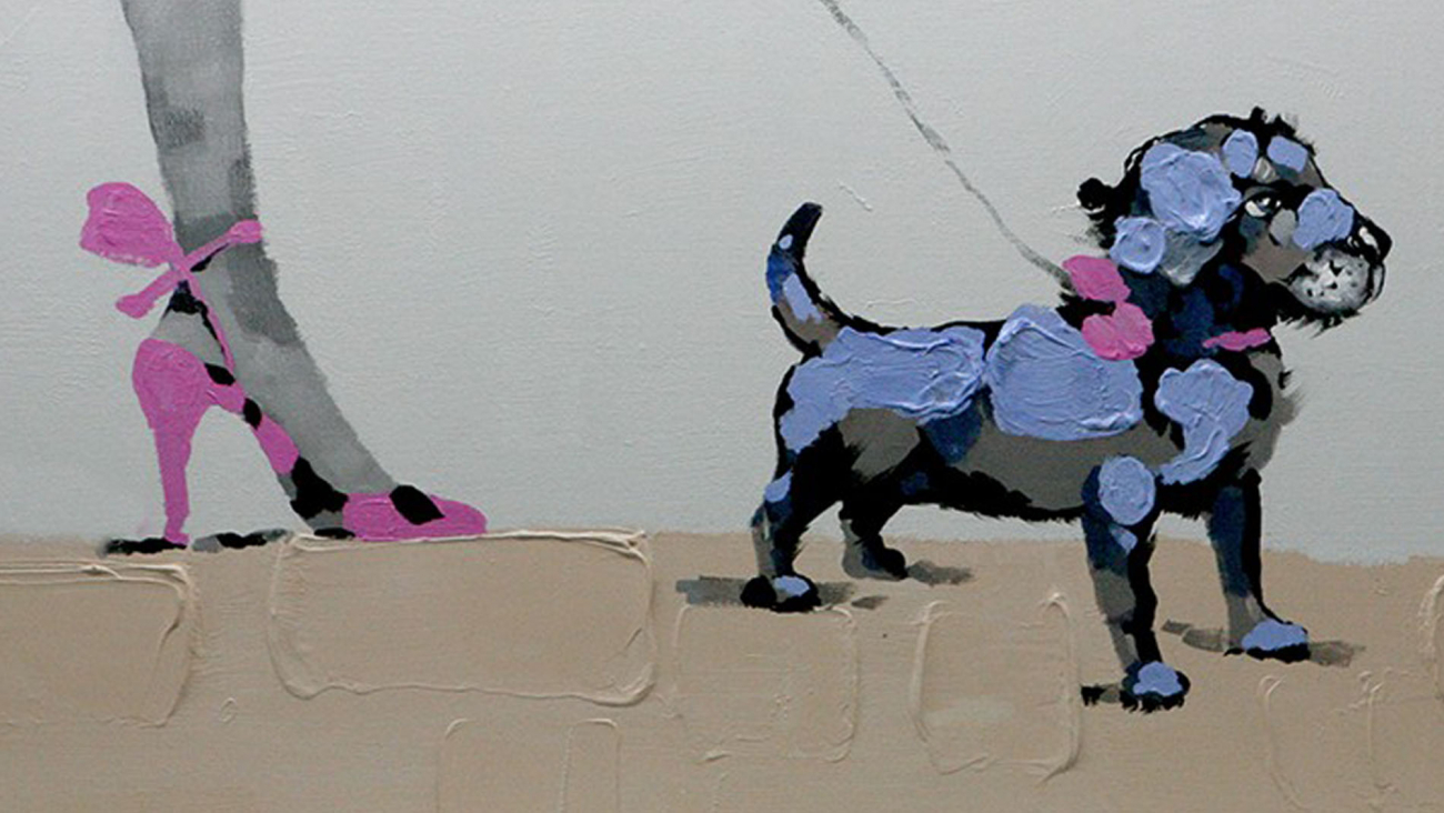 Картина на холсте 90х120 см "Девочка и собака" EVENHOME КАРТИНЫ МАСЛОМ 129823 Бежевый;фиолетовый  - Вид №1