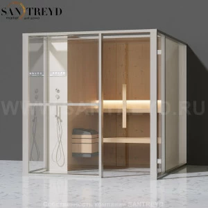 Effegibi LOGICAFILO S LO21020002 Сауна. Установка: к стене. Левая дверь. Мощность: 6 кВт макс. Размеры: длина 214 см, ширина 250 см. Отделка: канадский хемлок, матовый лакированный белый аллюминий и серый ламинат из керамогранита.