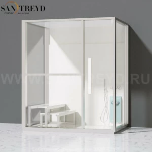 Effegibi H LARGE LO80020002 Комбинированная баня: хаммам и душ. Установка: к стене. Левая дверь. Мощность: 4,5 кВт макс. Размеры: длина 173 см, ширина 102 см. Отделка: матовый лакированный белый аллюминий и серый ламинат из керамогранита.