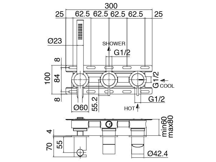Смеситель для душа с 3 отверстиями из нержавеющей стали с ручным душем Zazzeri Z316 MONO ARCH-00065811 - Вид №3
