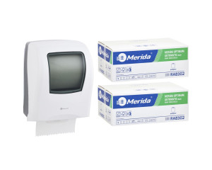 PROMO49 ОДИН белый механический диспенсер для полотенец за 100 злотых нетто при покупке 2 коробок полотенец OPTIMUM AUTOMATIC RAB302 (12 x 250 м = 3000 м, 11 760 листов) Merida