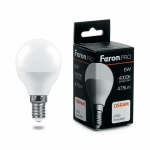 Лампа светодиодная Feron.PRO "Шарик" E14 6W 4000K OSRAM LED LB-1406 38066 FERON  00-3956742 Матовый