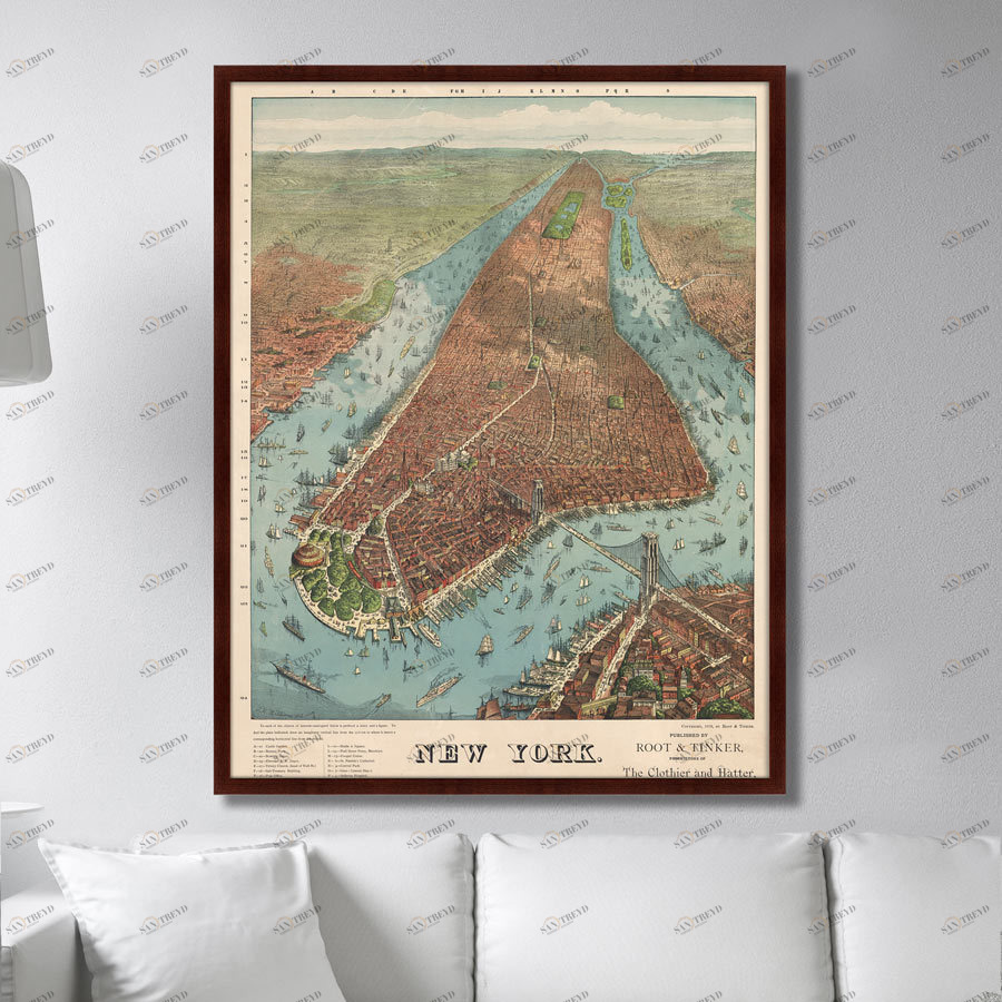 Картина в раме 130х102 см Antique map of New York City, 1879г. КАРТИНЫ В КВАРТИРУ  264228 Зеленый;коричневый;разноцветный 