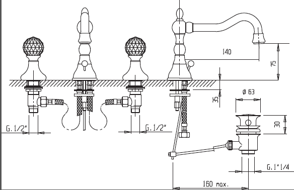Смеситель для раковины на три отверстия CEZARES ATLANTIS-BLS2-03/24-Sw/M - Вид №1