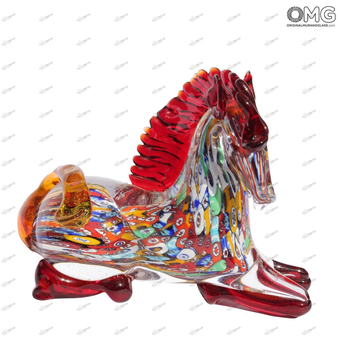 2291 ORIGINALMURANOGLASS Скульптура Конь с красной гривой миллефиори из муранского стекла 16 см 