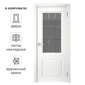Дверь межкомнатная со стеклом Скин 2 90x200 см эмаль белый с замком и петлями 85061986 STLM-2143594