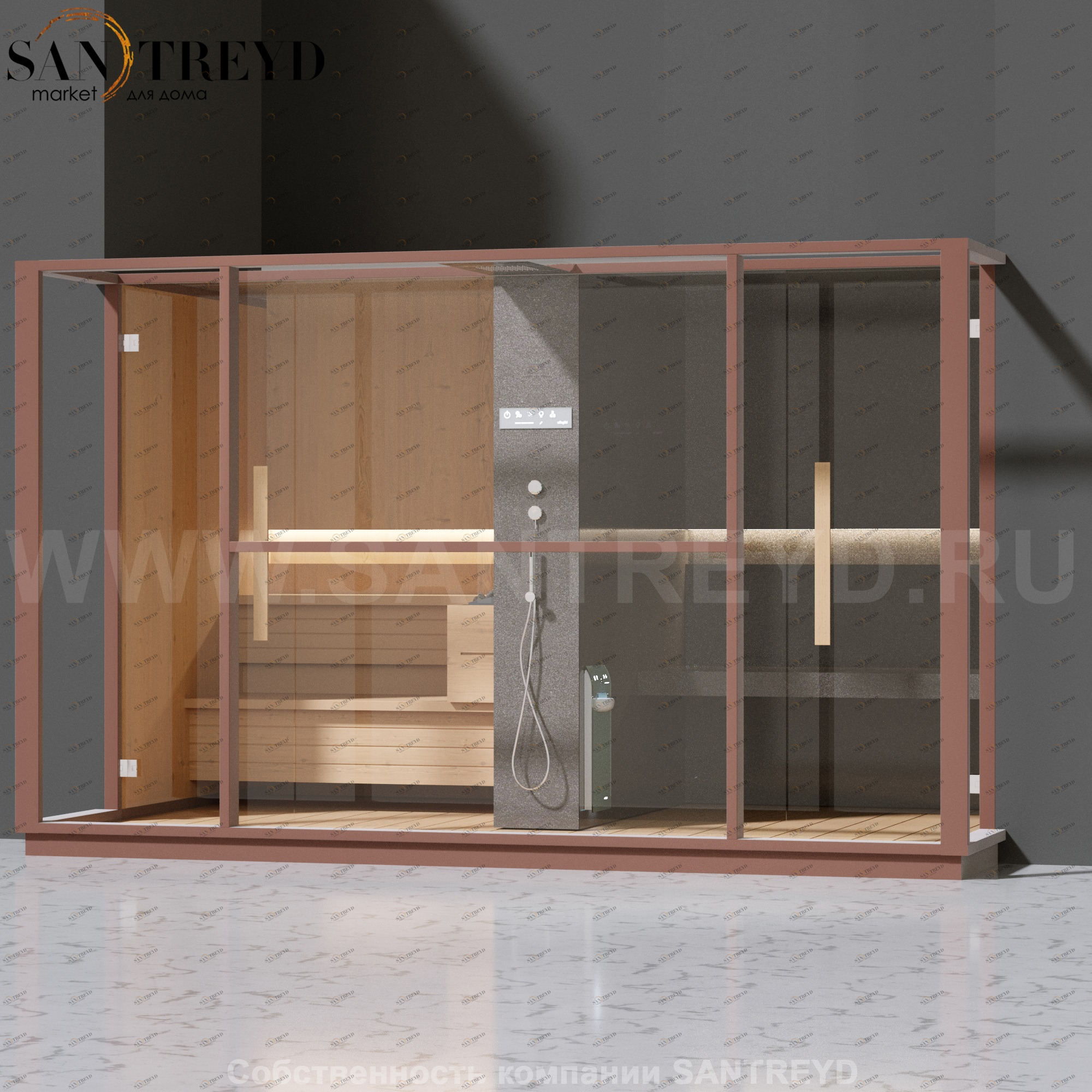Effegibi LOGICA LO10030007 Комбинированная баня: хаммам и сауна. Установка: в полунишу. Мощность: 10,5 кВт макс. Размеры: длина 373 см, ширина 250 см. Отделка: канадский хемлок, матовый лакированный коричневый аллюминий и темный ламинат из керамогранита.