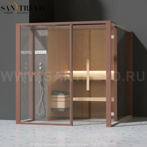 Effegibi LOGICAFILO S LO21030014 Сауна. Установка: в левый  полуугол. Левая дверь. Мощность: 6 кВт макс. Размеры: длина 214 см, ширина 250 см. Отделка: канадский хемлок, матовый лакированный коричневый аллюминий и темный ламинат из керамогранита.