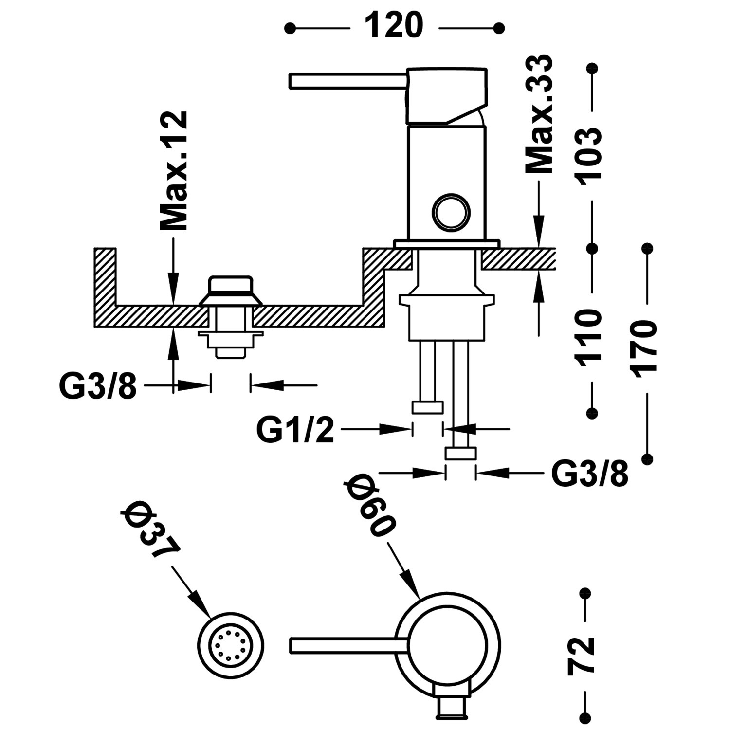 РАБОЧИЙ смеситель для биде с одной ручкой и переходом в маленький душ-26113010AC TRES  - Вид №1