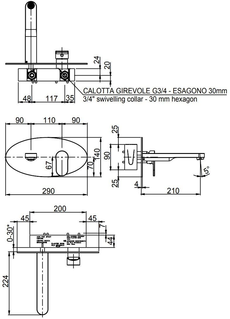 Rubinetterie Frattini Смеситель для раковины настенный без сливного крана Fosca sun-id-1452325 - Вид №1