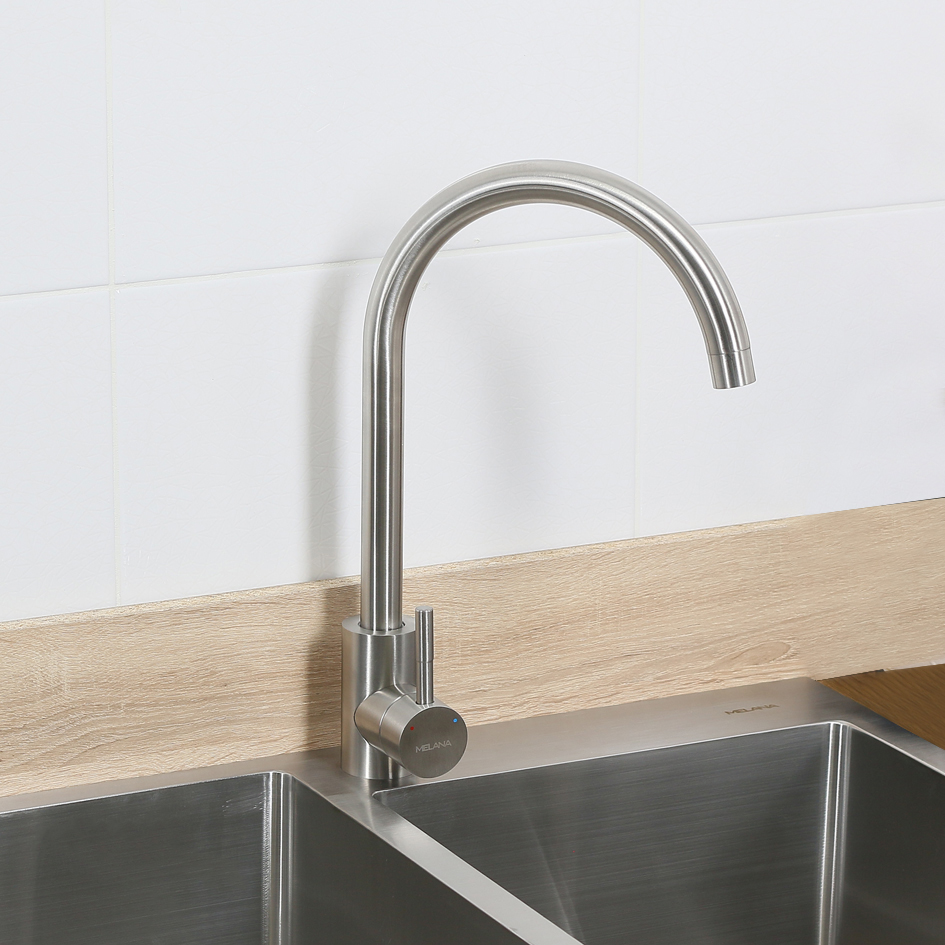 Смеситель д/кухни MELANA-610103 Tondo нерж.сталь, однорычажный, сатин, литой излив