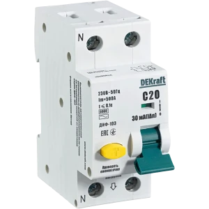 Дифференциальный автомат Dekraft 1P N C20 A 30 мА 6 кА AC 16205DEK
