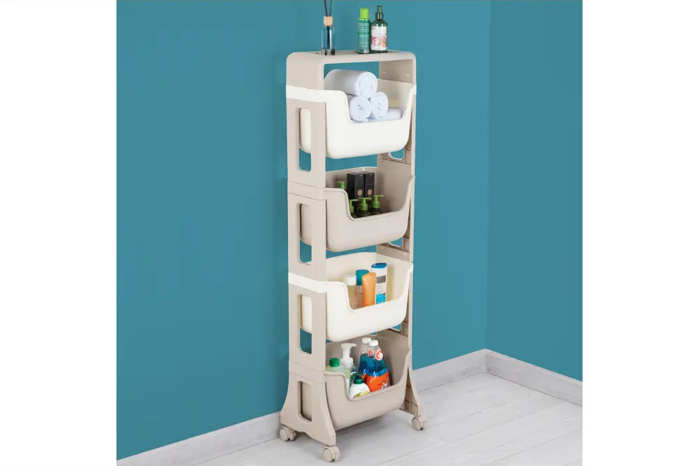91707722 Этажерка с ящиками на колесах El Casa 26x122.80x39.50 4 яруса Полипропилен цвет слоновая кость/латте STLM-1083715
