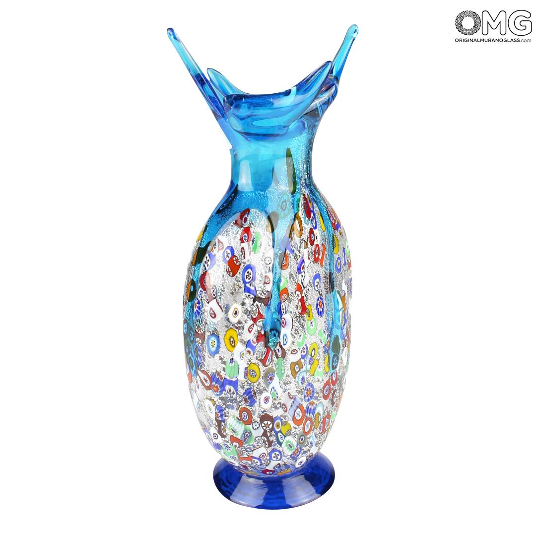 2166 ORIGINALMURANOGLASS Ваза Голубая чайка из муранского стекла с мурринами миллефиори и серебром 13 см  - Вид №1
