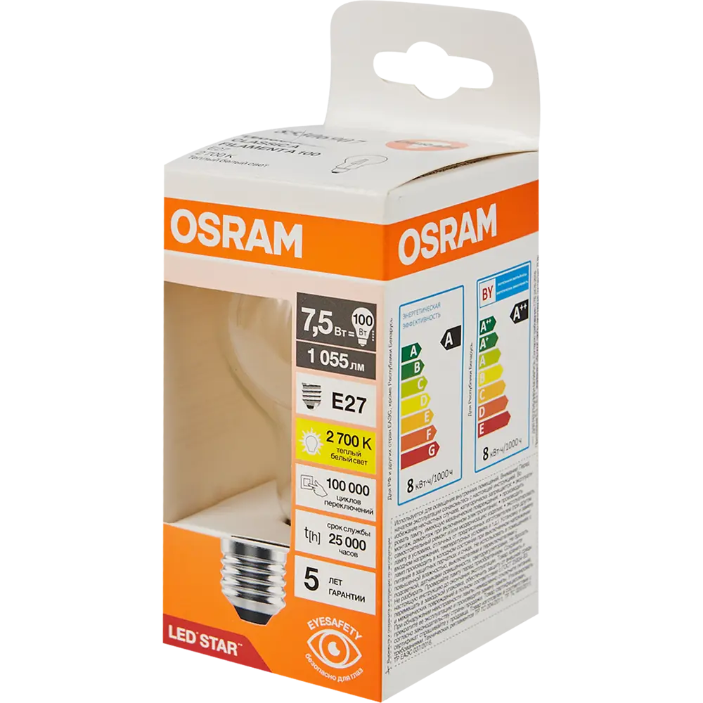 Светодиодная лампа OSRAM Filament E27 7.5W теплый белый свет 85306907 STLM-1352435 - Вид №3