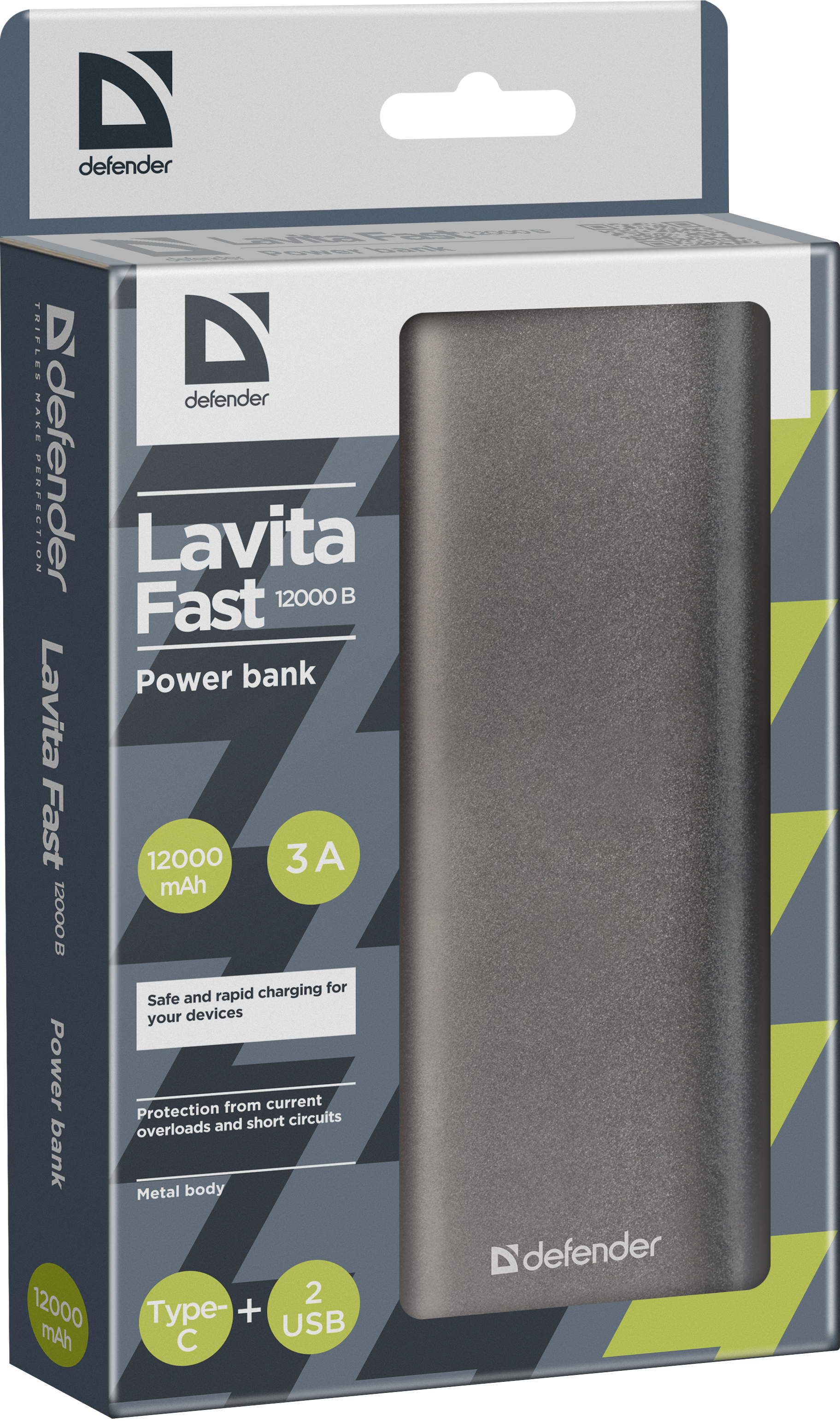 83626 внешний аккумулятор lavita fast 12000b 2*usb+1*type-c, 12000 mah, 3a Defender Santreyd  - Вид №3