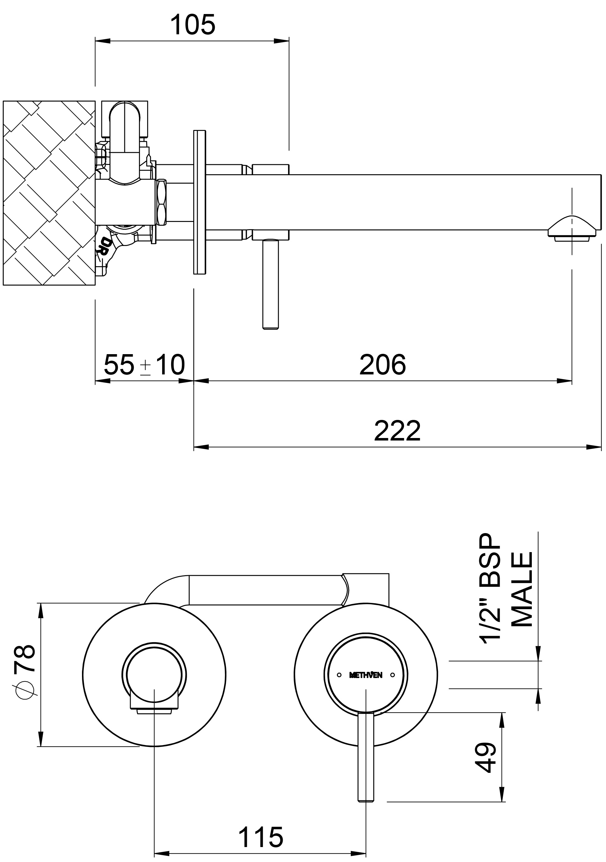 TUWBGD Смеситель для раковины настенный с изливом Turoa Methven Матовое золото  - Вид №1