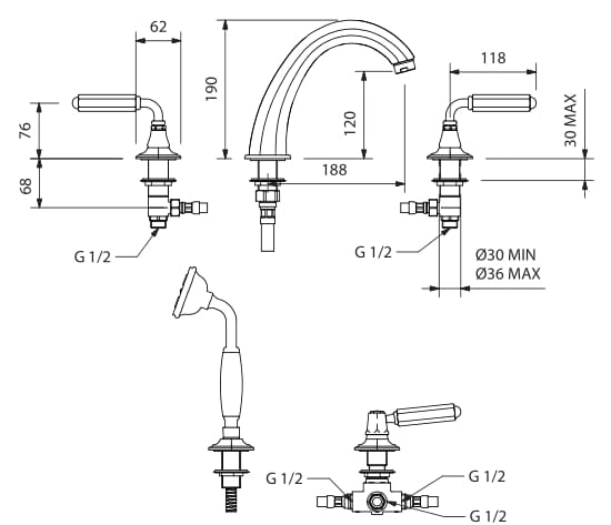 Набор ванн с 5 отверстиями с отдельными розетками Park Avenue Dark Black ARCH-00054378 - Вид №2