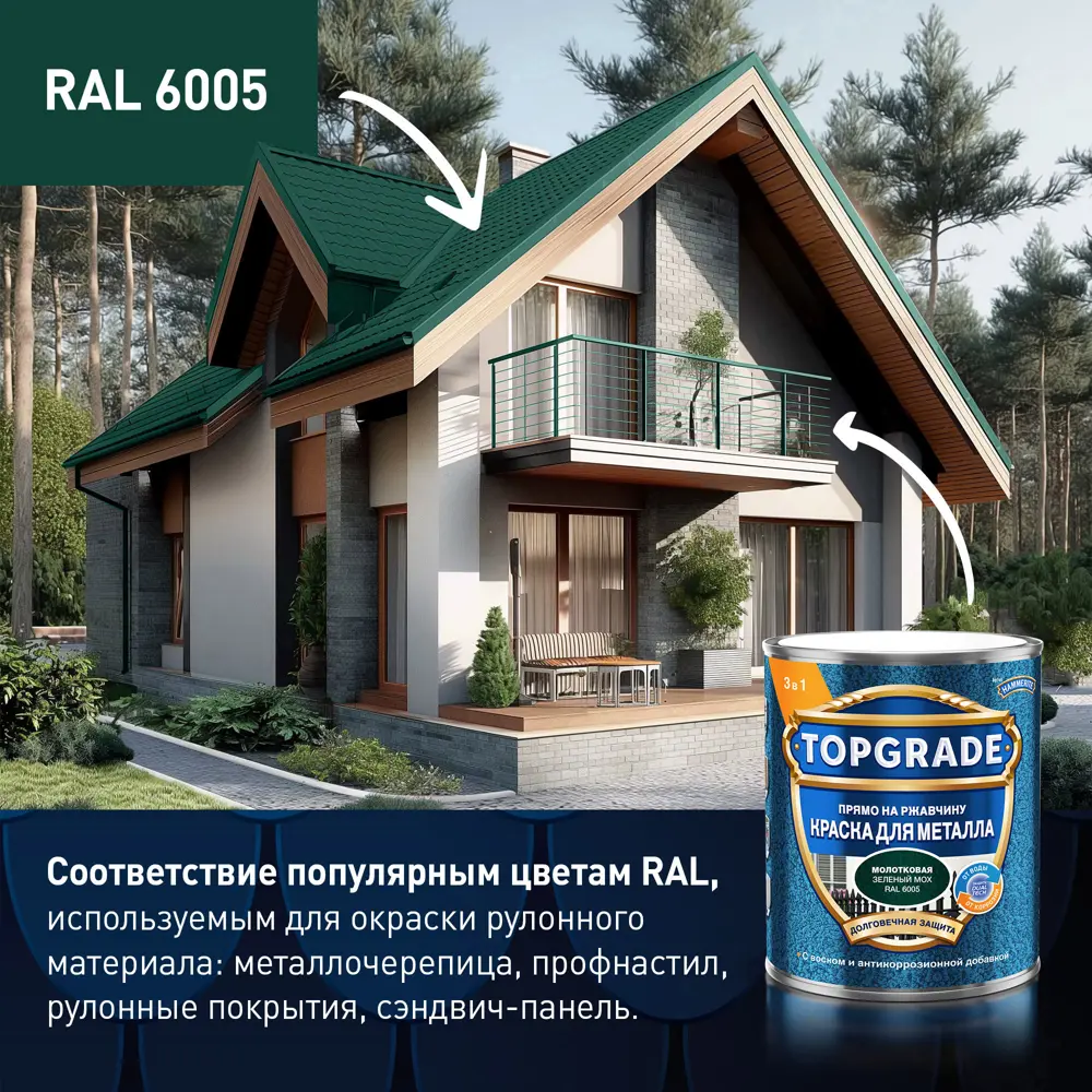 Грунт-эмаль по металлу 3 в 1 Topgrade молотковая цвет зеленый мох 0.75 л 89442721 STLM-2138505  - Вид №3