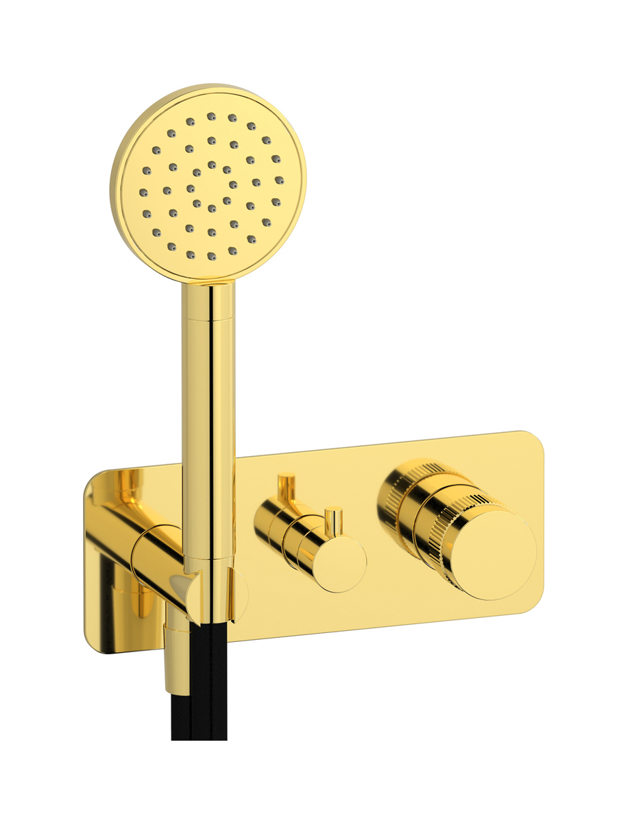 Прогрессивный настенный смеситель для душа на 3 потребителя со встроенным душевым гарнитуром. WE ARE IB rx314oo Gold Reflex