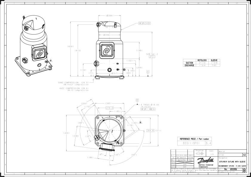 Danfoss SY — Герметичные спиральные компрессоры, R22, R134a, R407C SY240A4PBI Компрессор спиральный SY240A4PBI  - Вид №7