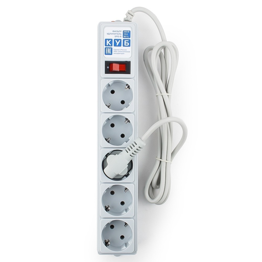 SPG-B-6 Surge protector power cube b 1.9 m 5 outlets (gray) 10a / 2.2kw Электрическая мануфактура Santreyd  - Вид №1