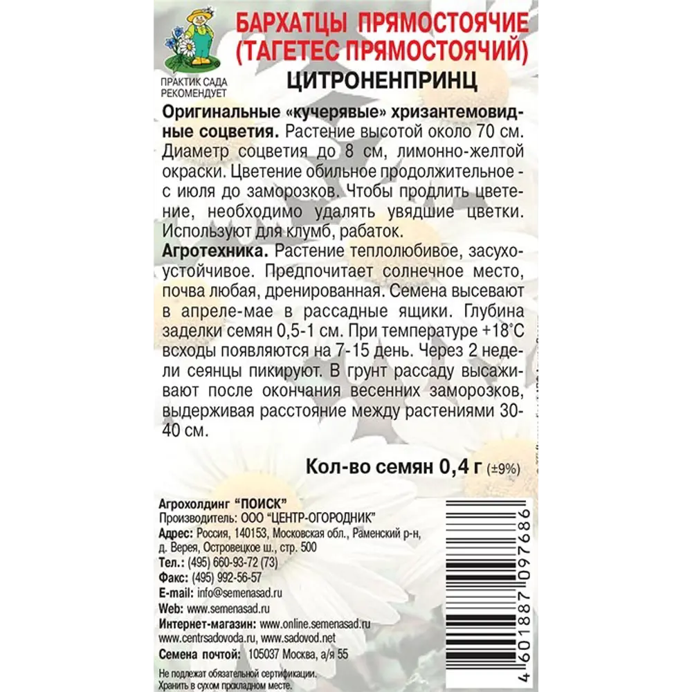 Бархатцы ПОИСК Белые хризантемовидные - пышное цветение с июля до заморозков 89401250 STLM-1563342 - Вид №1