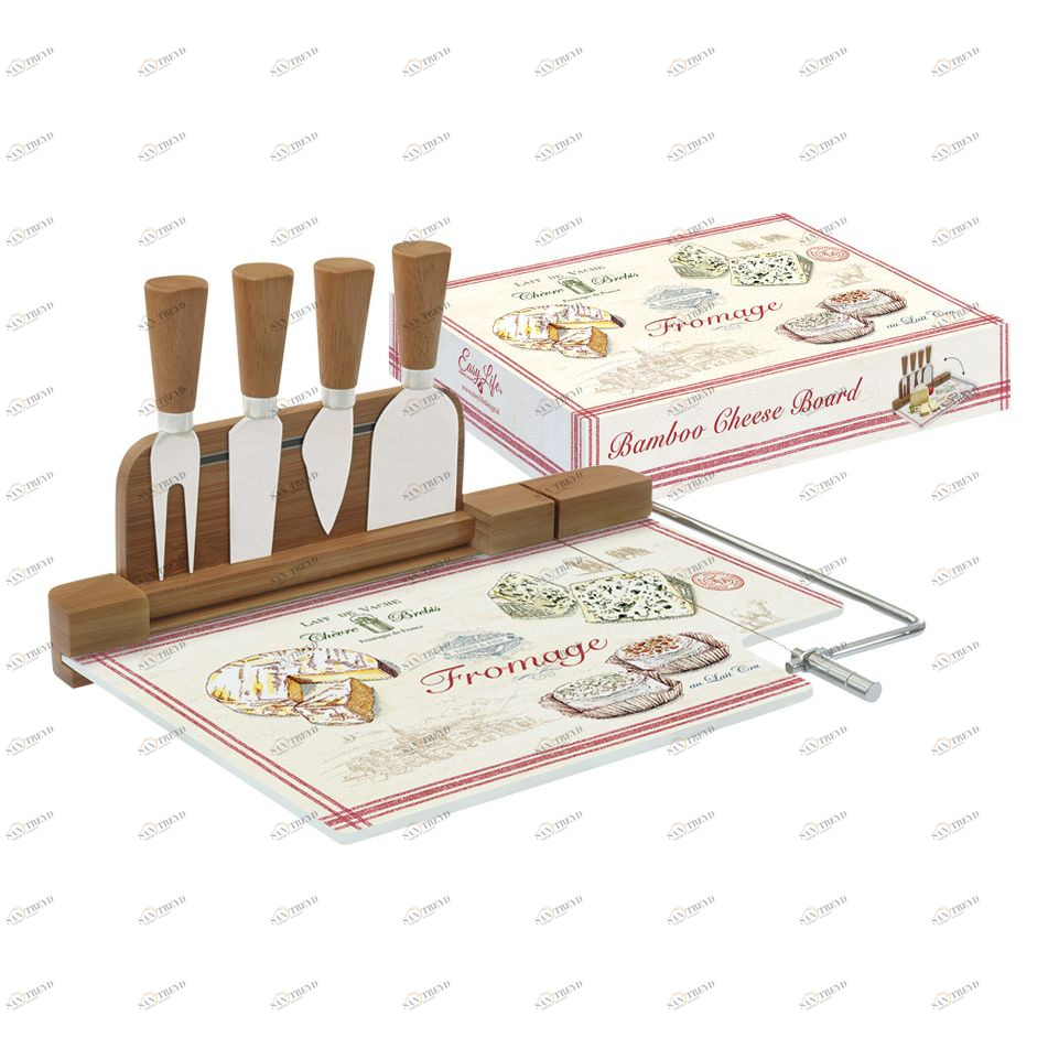Доска разделочная стеклянная для сыра с 4 ножами коричневая Fromage EASY LIFE FROMAGE 00-3946971 Белый;коричневый 