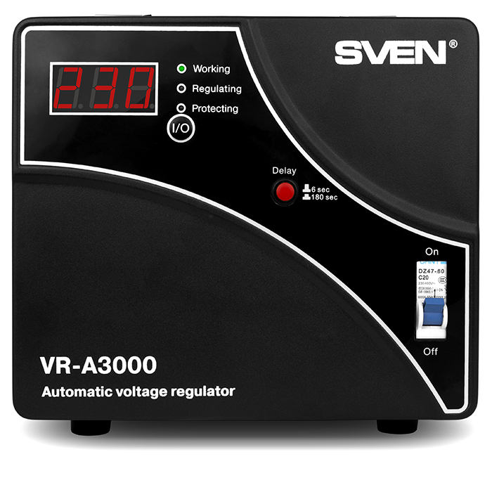 SV-014940 Stabilizer vr-a3000, relay, 3000va, 1800w, 140-275v, output terminals, black, 317 ? 230 ? 240mm, 7.2kg. Sven Santreyd  - Вид №1