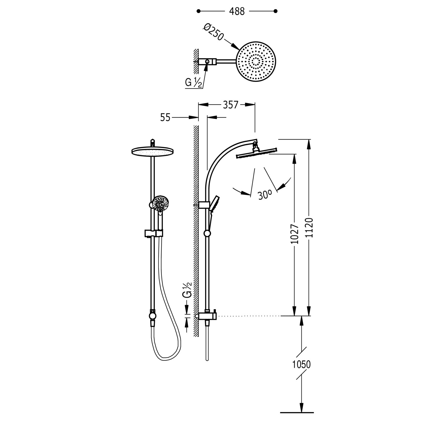 Набор душевой планки без смесителя с подачей воды и насадкой для душа-06163504 TRES Showers - Вид №1