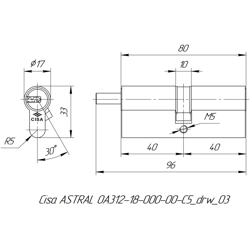 Цилиндр Cisa Astral ОА312-18.00, 40x40 мм, ключ/шток, цвет латунь, без вертушки STLM-2204694 - Вид №4