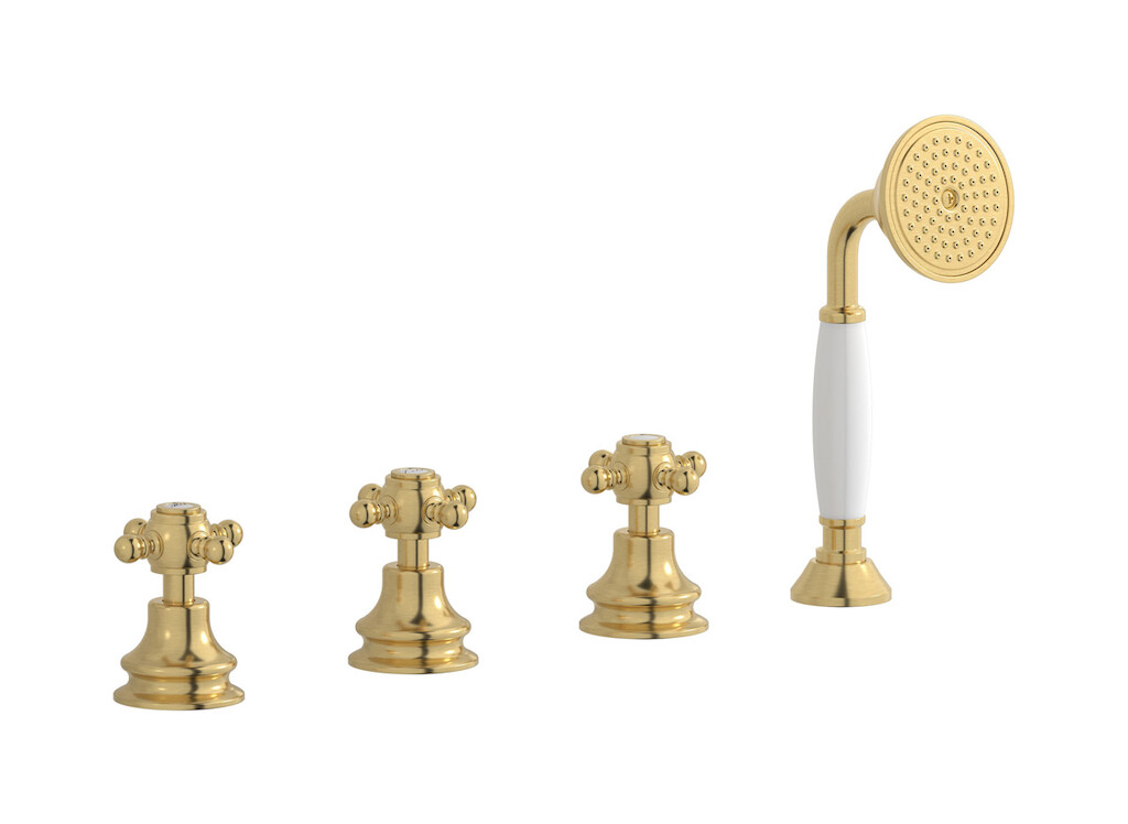 Смеситель на бортик ванной на 4 отверстия с изливом, дивертером и душевым гарнитуром. WE ARE IB hr397os Brushed Gold Hermes