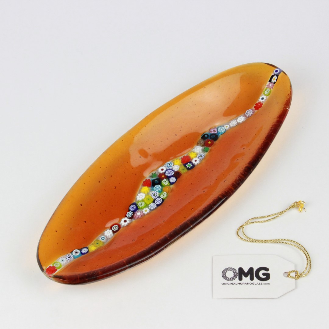 1640 ORIGINALMURANOGLASS Овальное блюдце Миллефиори - янтарное - муранское стекло 28 см  - Вид №1