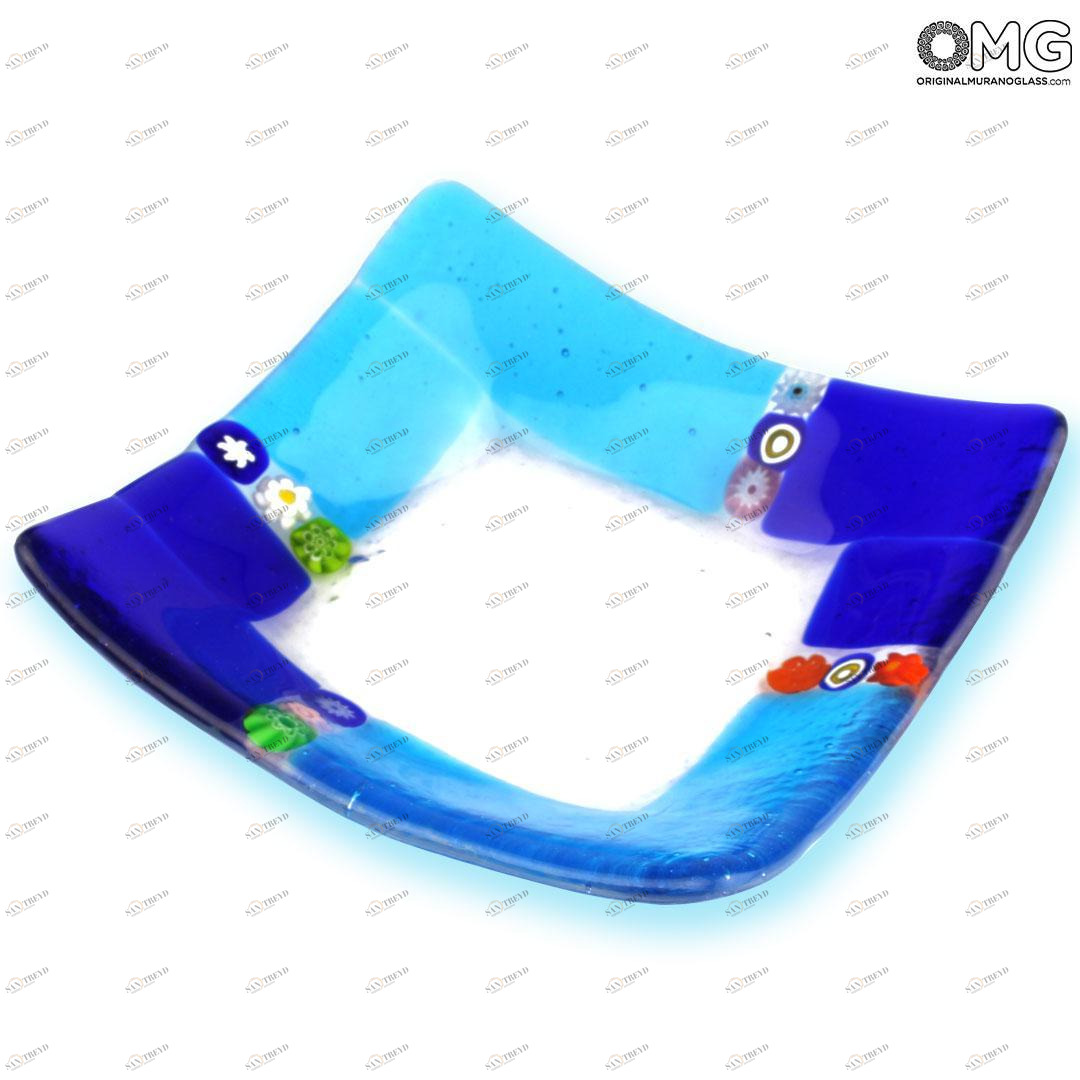 1664 ORIGINALMURANOGLASS Квадратное синее блюдце Миллефиори - муранское стекло 8 см 