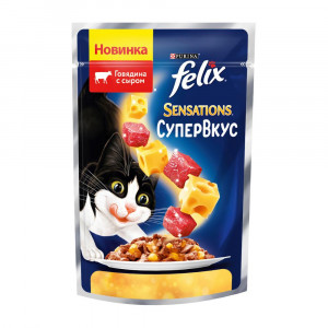 ПР0054771 Корм для кошек Sensations Супервкус говядина и сыр, в желе, пауч 75 г FELIX