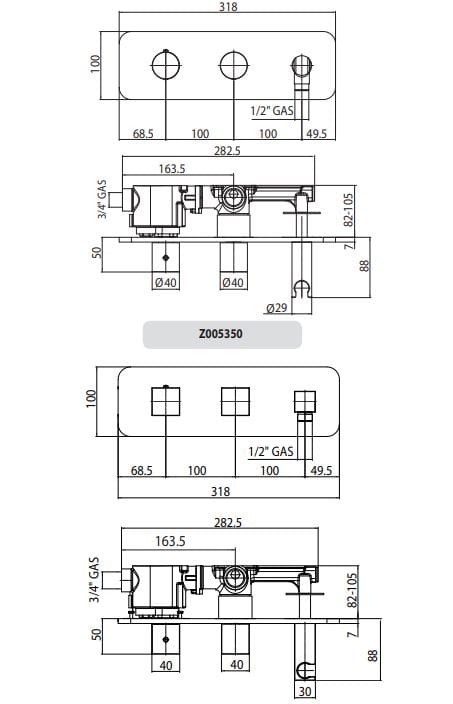 Хромированный латунный термостатический смеситель для ванны Bossini Aki ARCH-00069900 - Вид №2