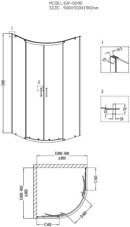 Душевое ограждение GROSSMAN GR-0090 Cosmo 90*90*190 полукруг, двери раздвижные - Вид №1