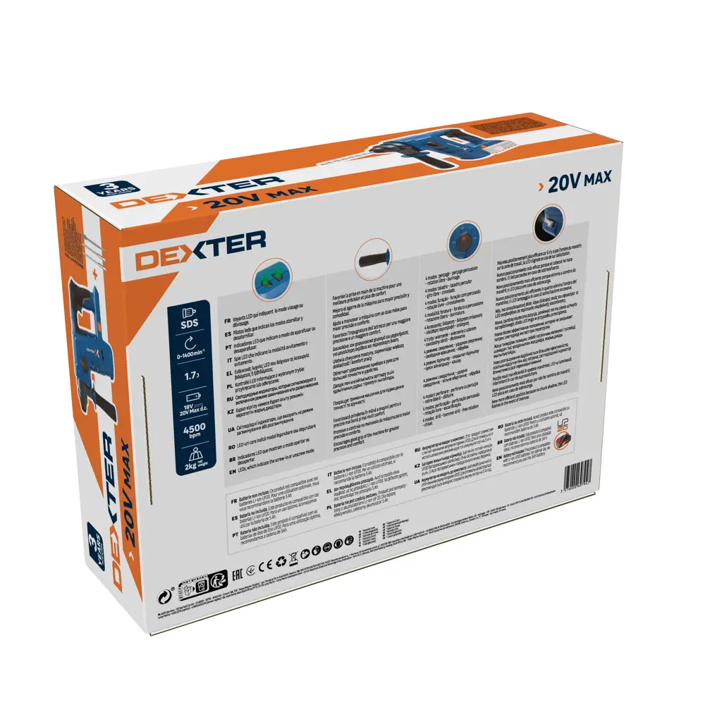 Перфоратор SDS-plus Dexter 20VRH2-17.1, 20 В Li-ion, 1.7 Дж, без АКБ и ЗУ STLM-2158048 - Вид №8