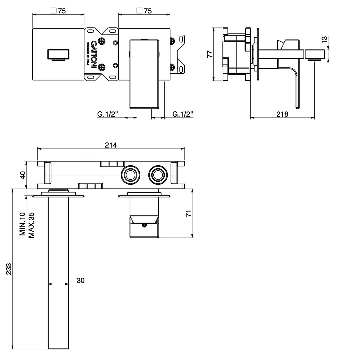 Настенный смеситель для раковины с пластиной GATTONI Kubik ARCH-00146933 - Вид №1
